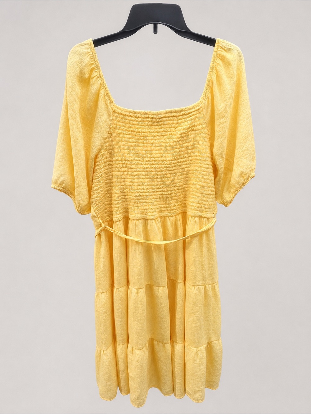 Women’s Plus Size 2X Yellow Square Neck Puff Sleeve Tiered Midi Dress